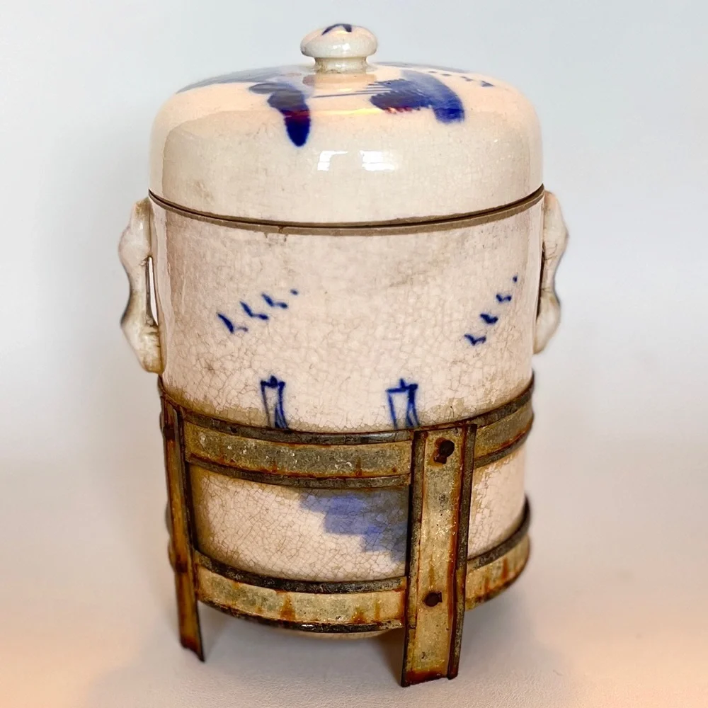 Chinese Tea Caddy Porcelain Canister Double Lid Herb Infuser Apothecary Jar
